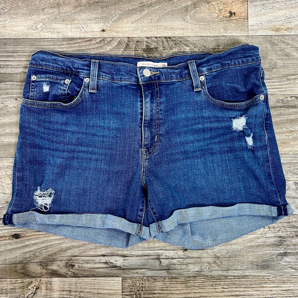 Levi's Mid Length Denim Blue Jean Distressed Cuffed Shorts Size 34